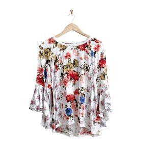 Solitaire Blouse Bell Sleeve Floral Vented Back Pullover Women's M Lace Collar